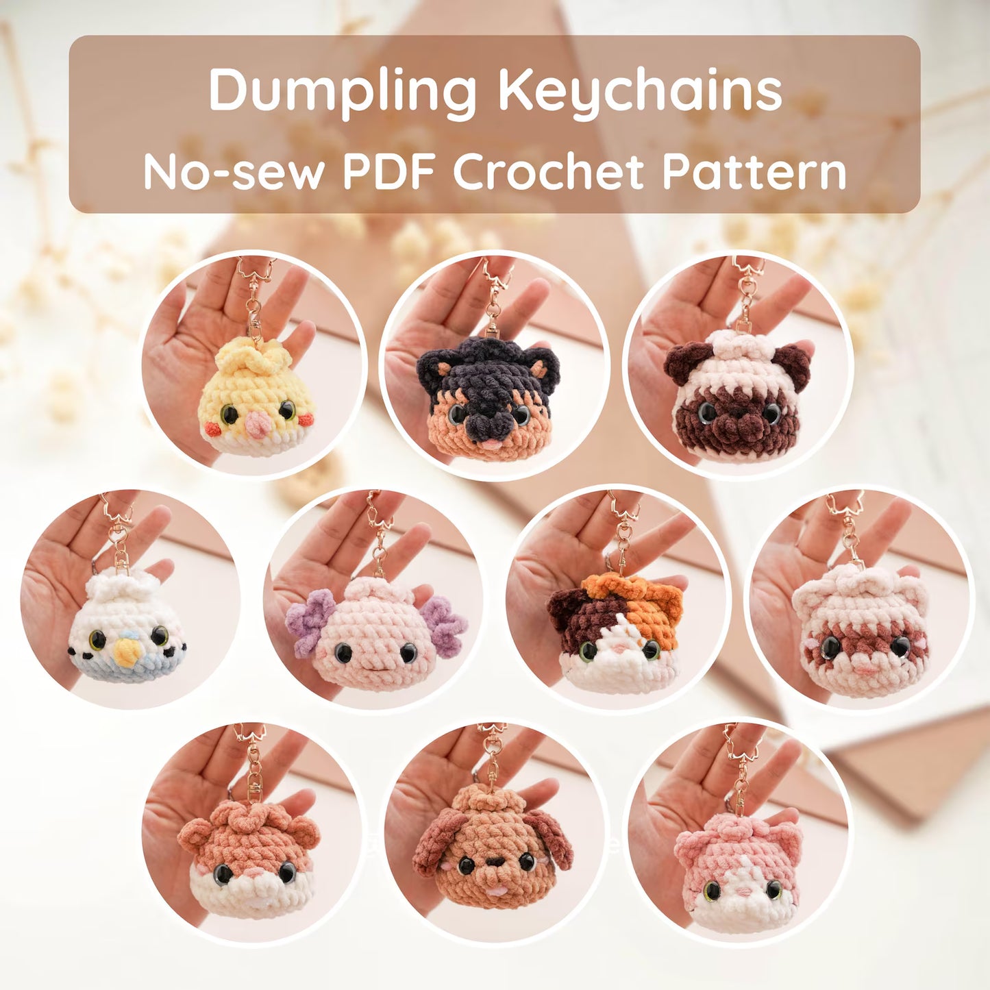 Pet Dumplings No Sew Amigurumi Animal Crochet Pattern | Squishy Bao Bun Animal Keychain PDF
